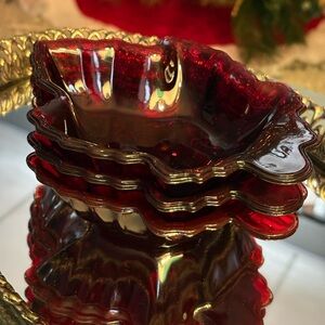 Set of 3 Anchor Hocking Royal Ruby Red maple leaf-shaped glass dessert dish